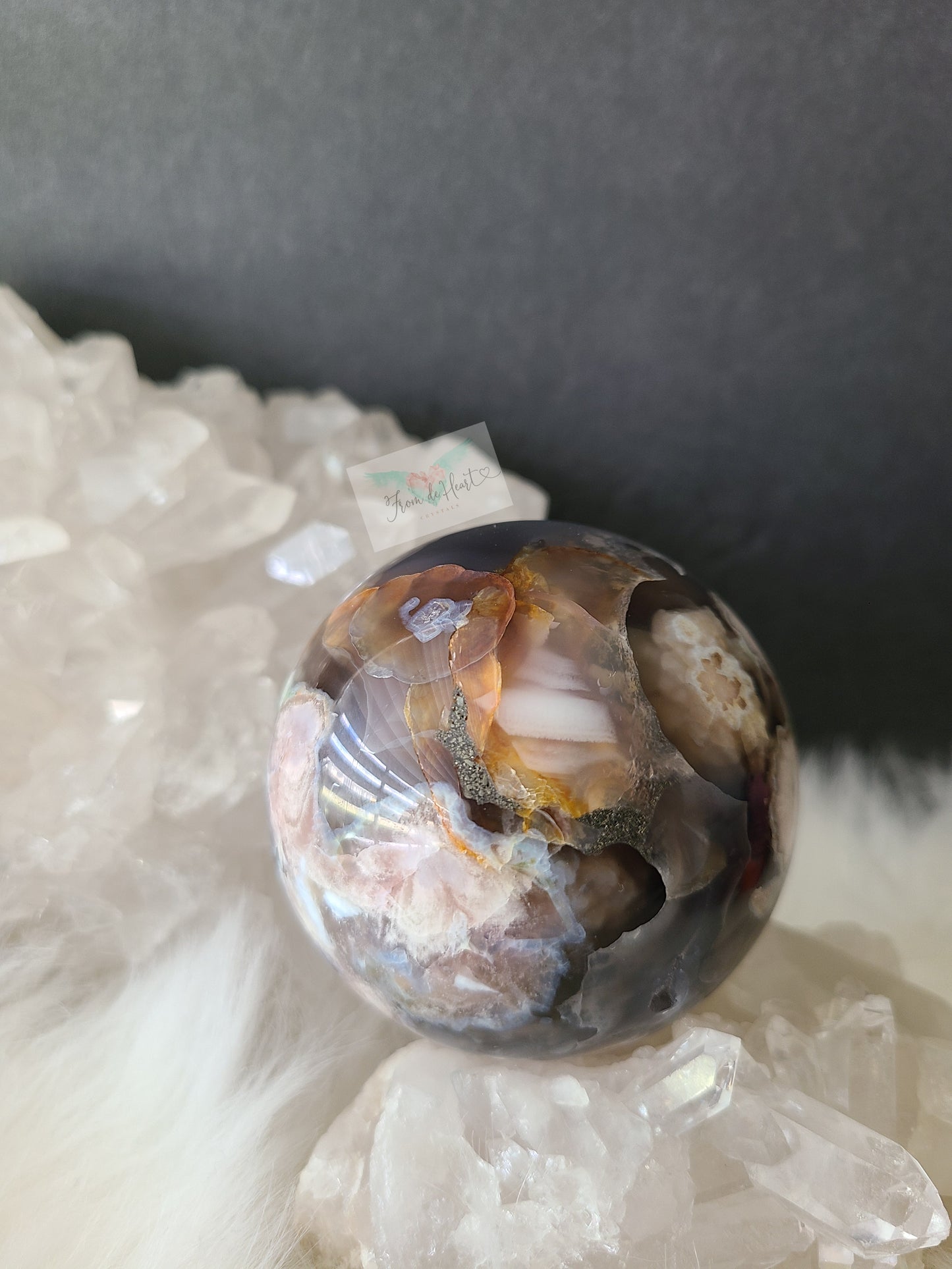 Black Flower Agate with Pyrite Sphere on stand (High Grade)