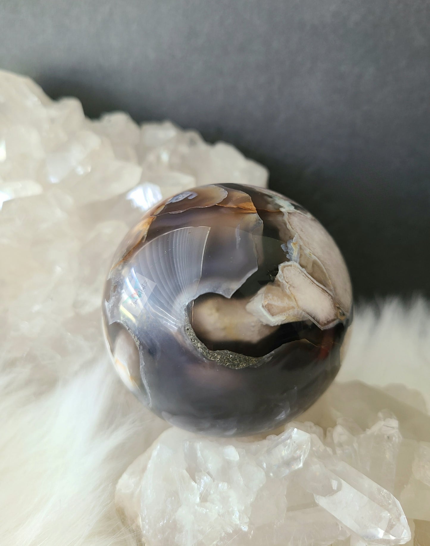 Black Flower Agate with Pyrite Sphere on stand (High Grade)