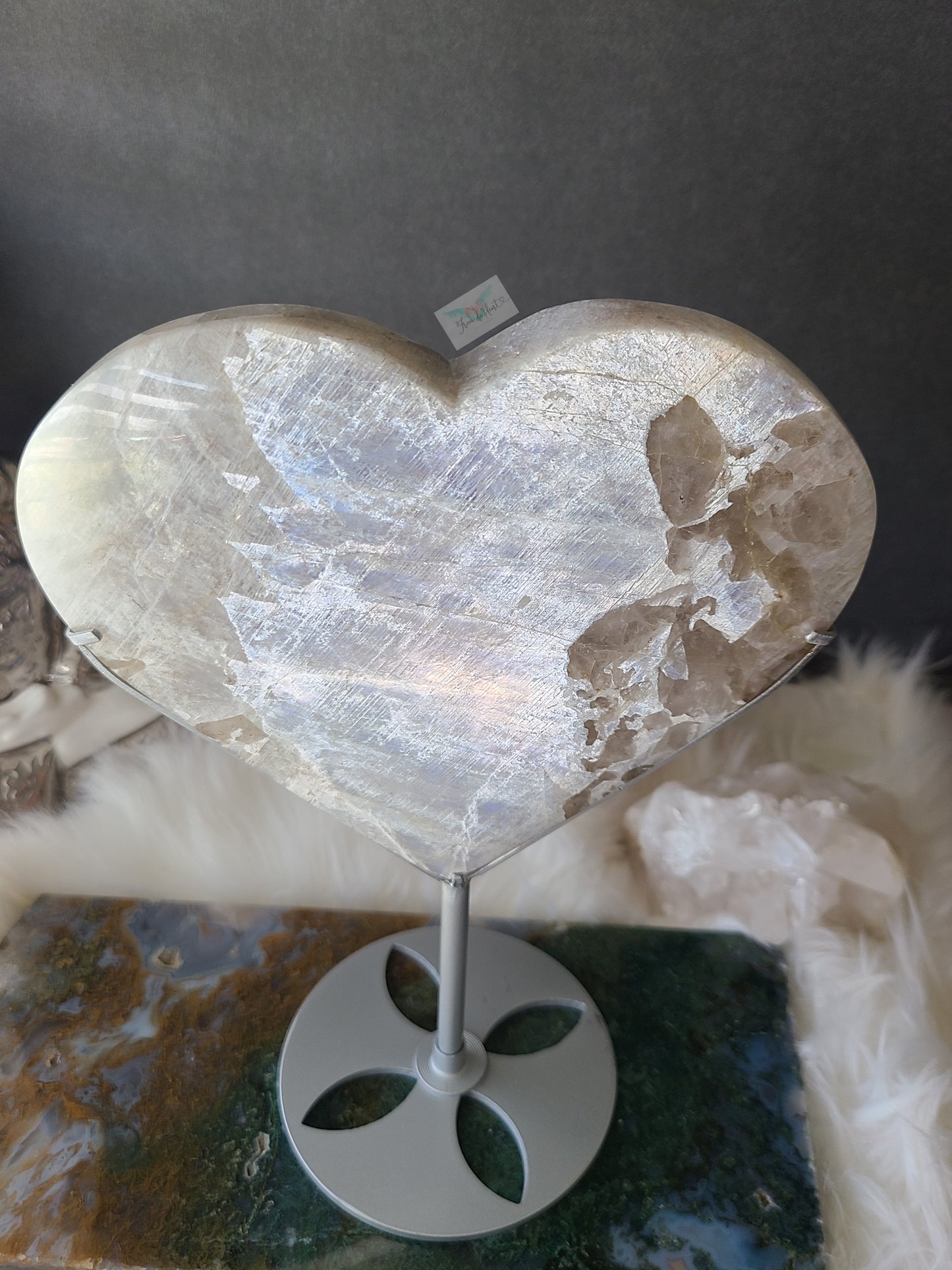 Silver Flash Moonstone Heart on Stand