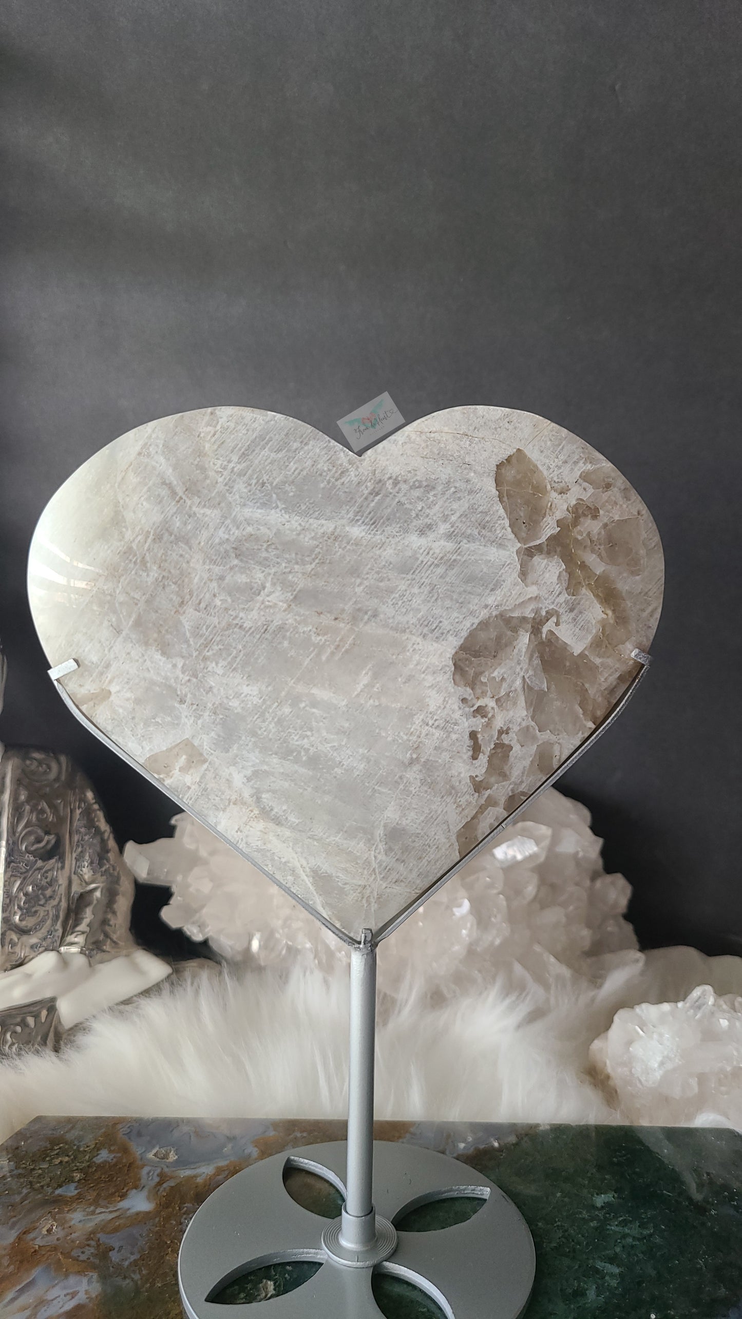 Silver Flash Moonstone Heart on Stand