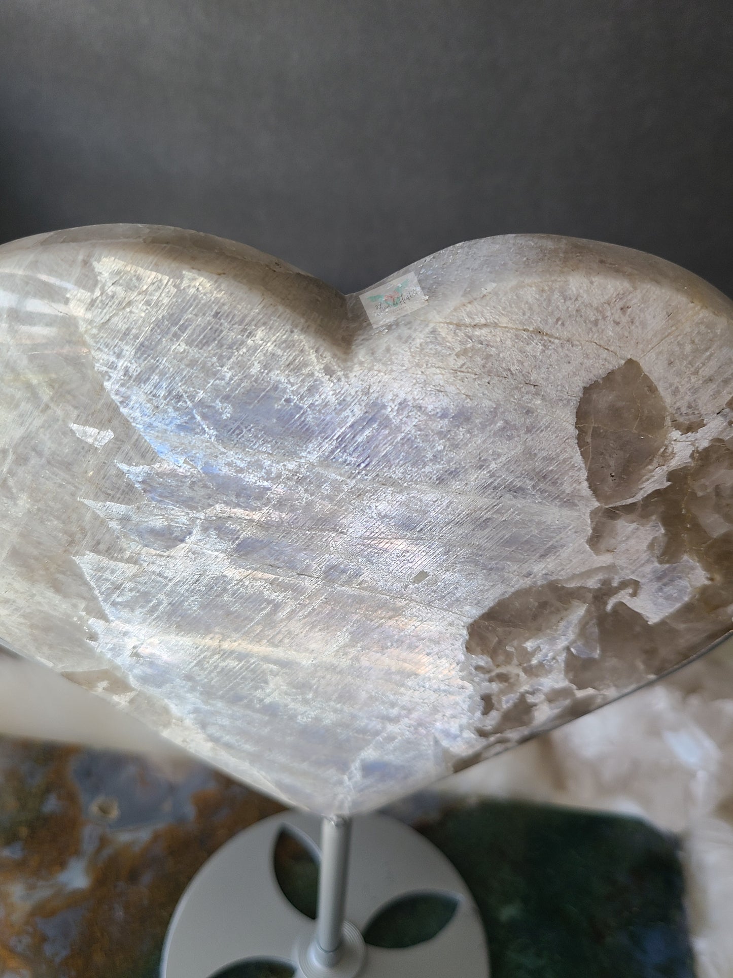 Silver Flash Moonstone Heart on Stand