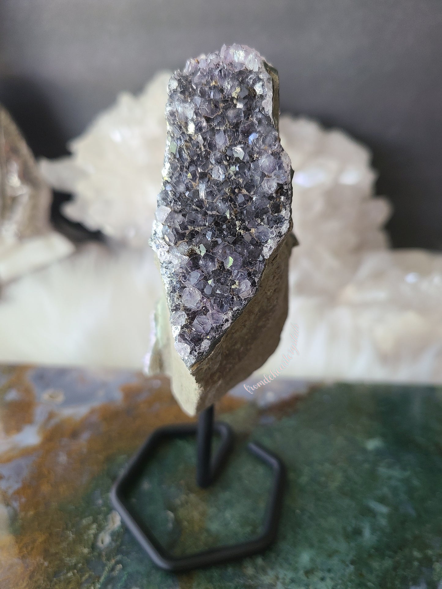 Black and Purple Amethyst Cluster on Stand