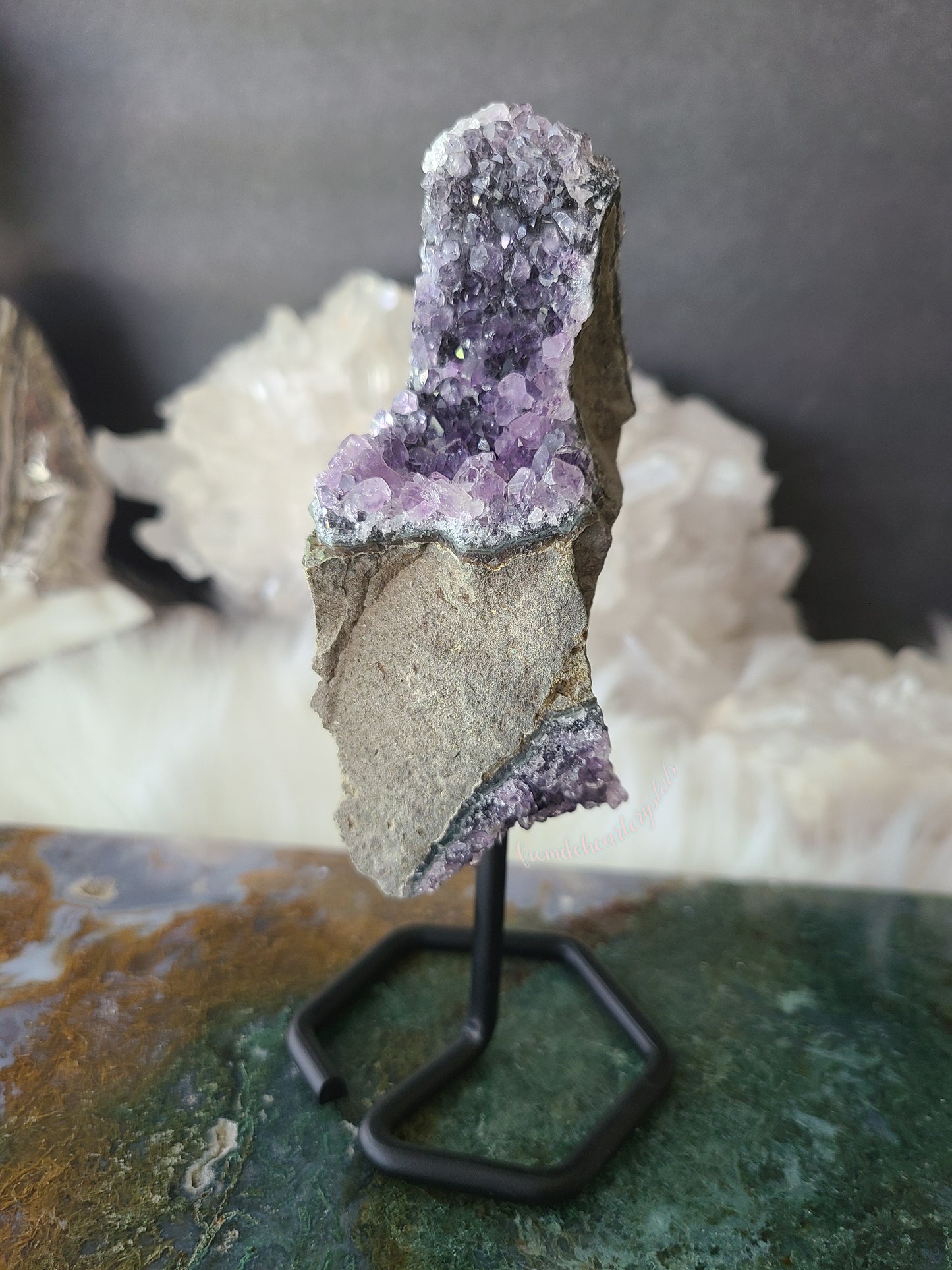 Black and Purple Amethyst Cluster on Stand