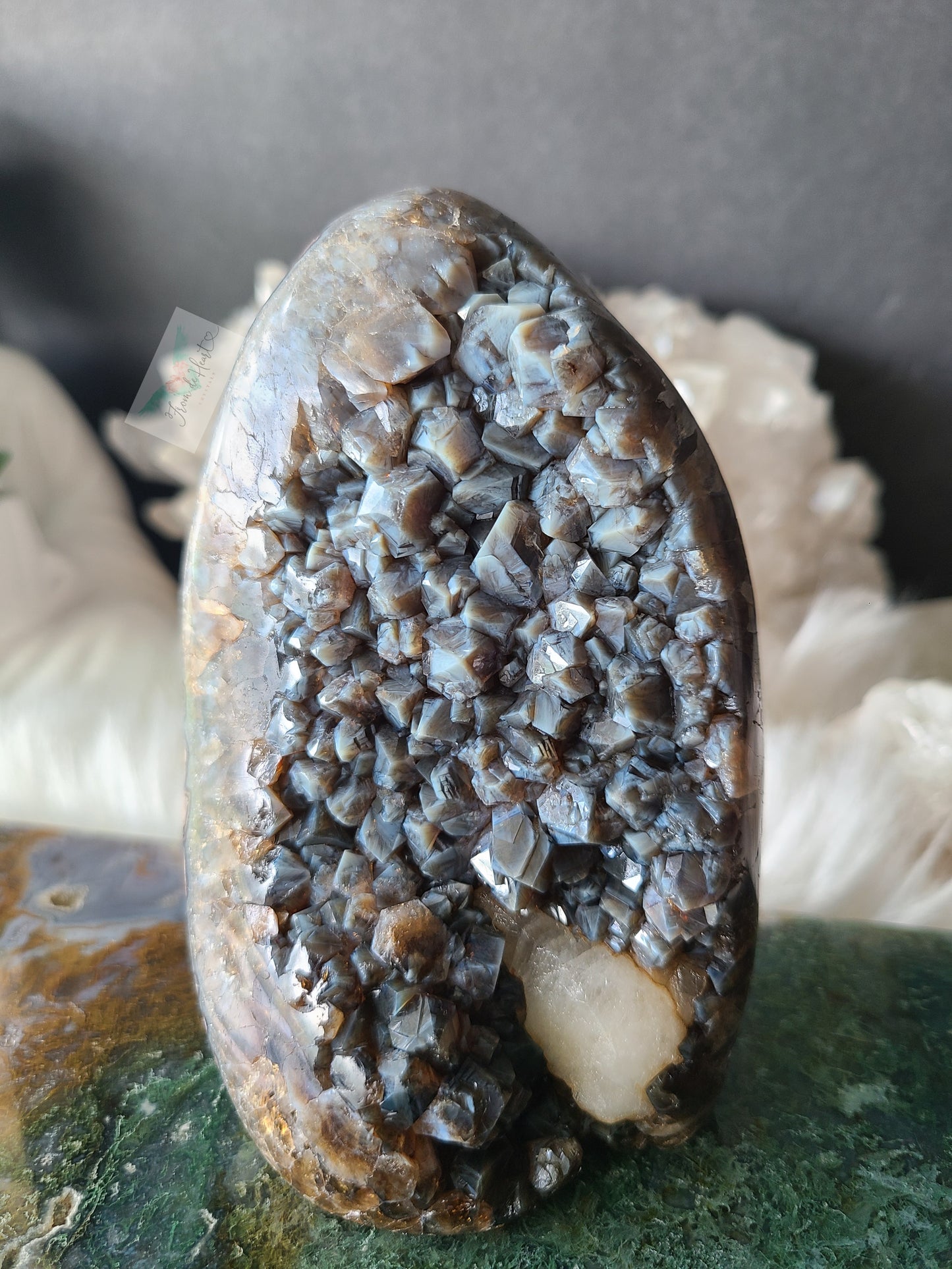 Citrine Amethyst with Blue Chalcedony and Calcite Cut base