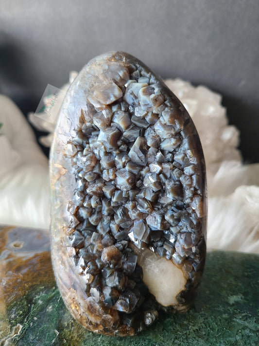 Citrine Amethyst with Blue Chalcedony and Calcite Cut base