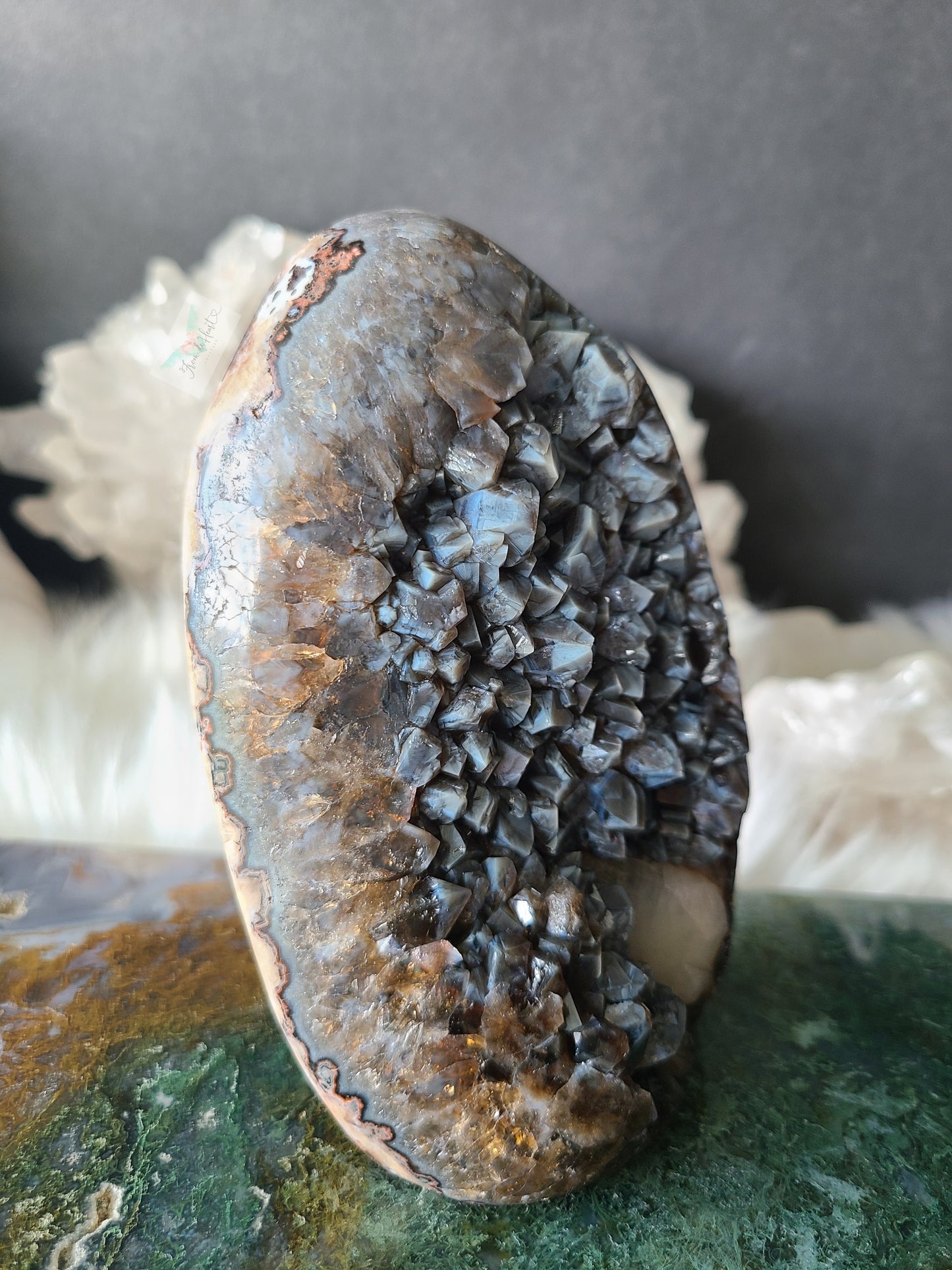 Citrine Amethyst with Blue Chalcedony and Calcite Cut base