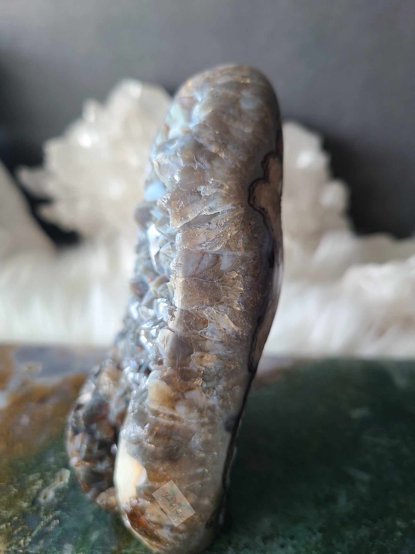 Citrine Amethyst with Blue Chalcedony and Calcite Cut base