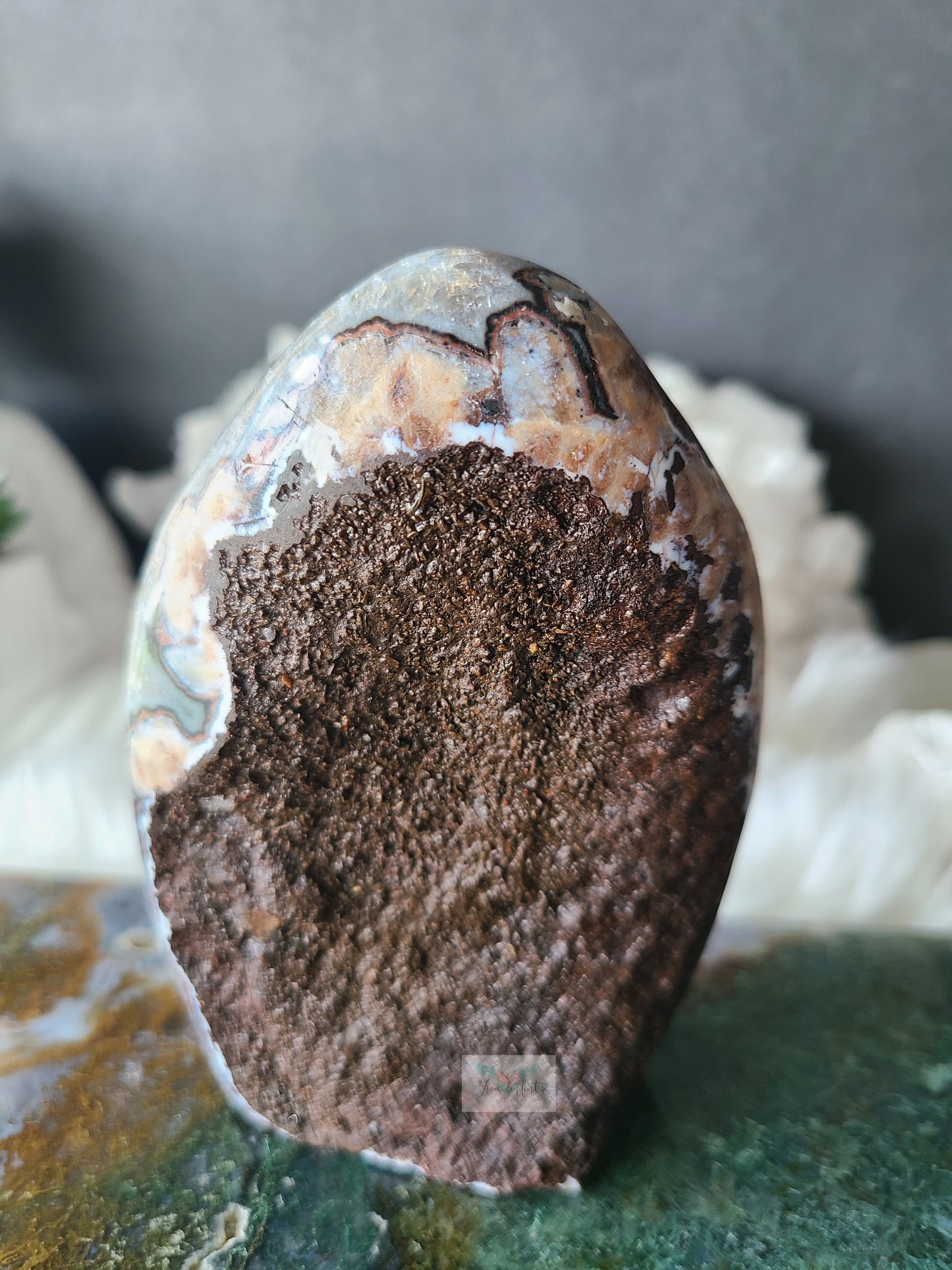 Citrine Amethyst with Blue Chalcedony and Calcite Cut base