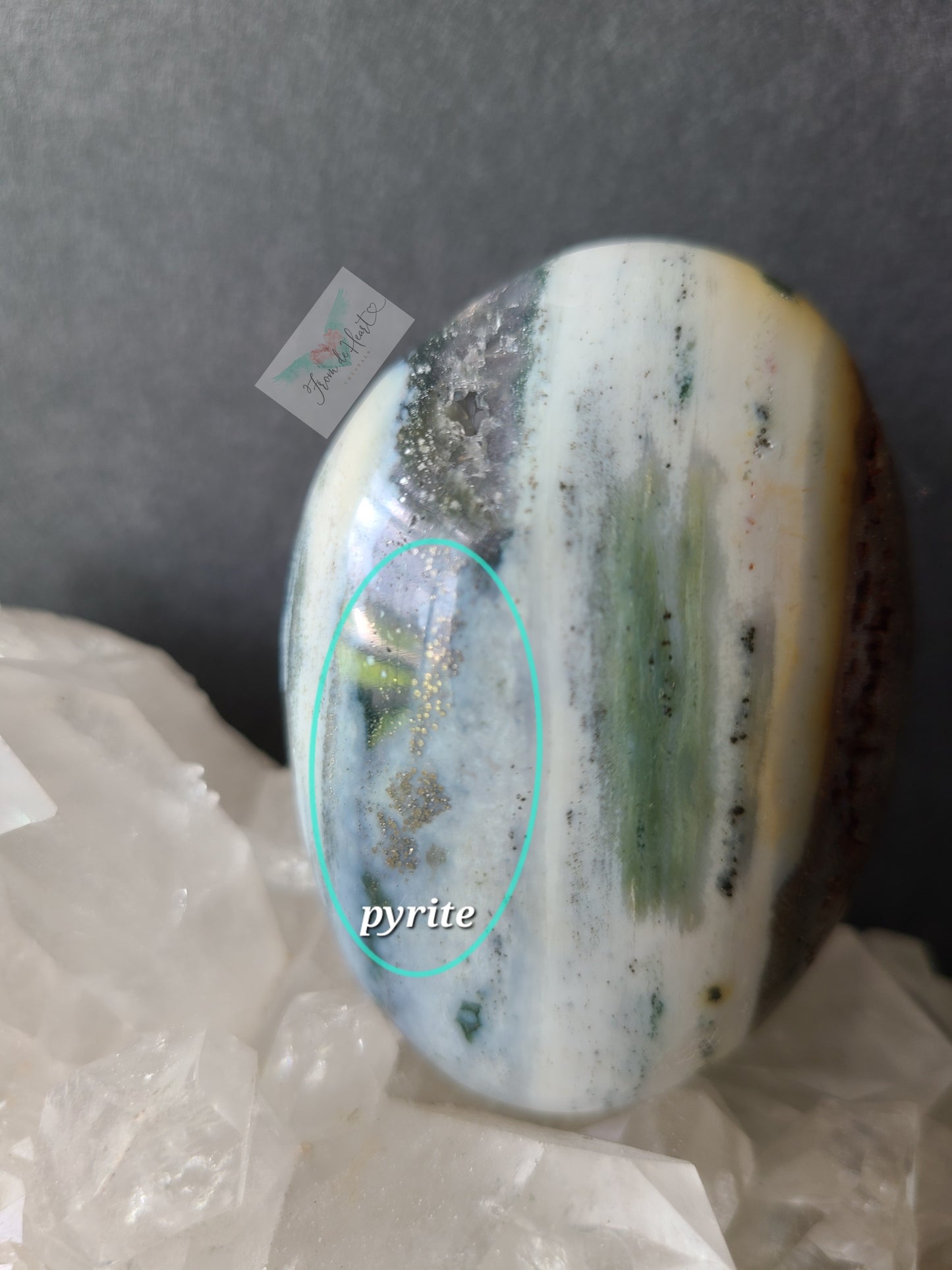 Ocean Jasper with Pyrite and Quartz Palmstone