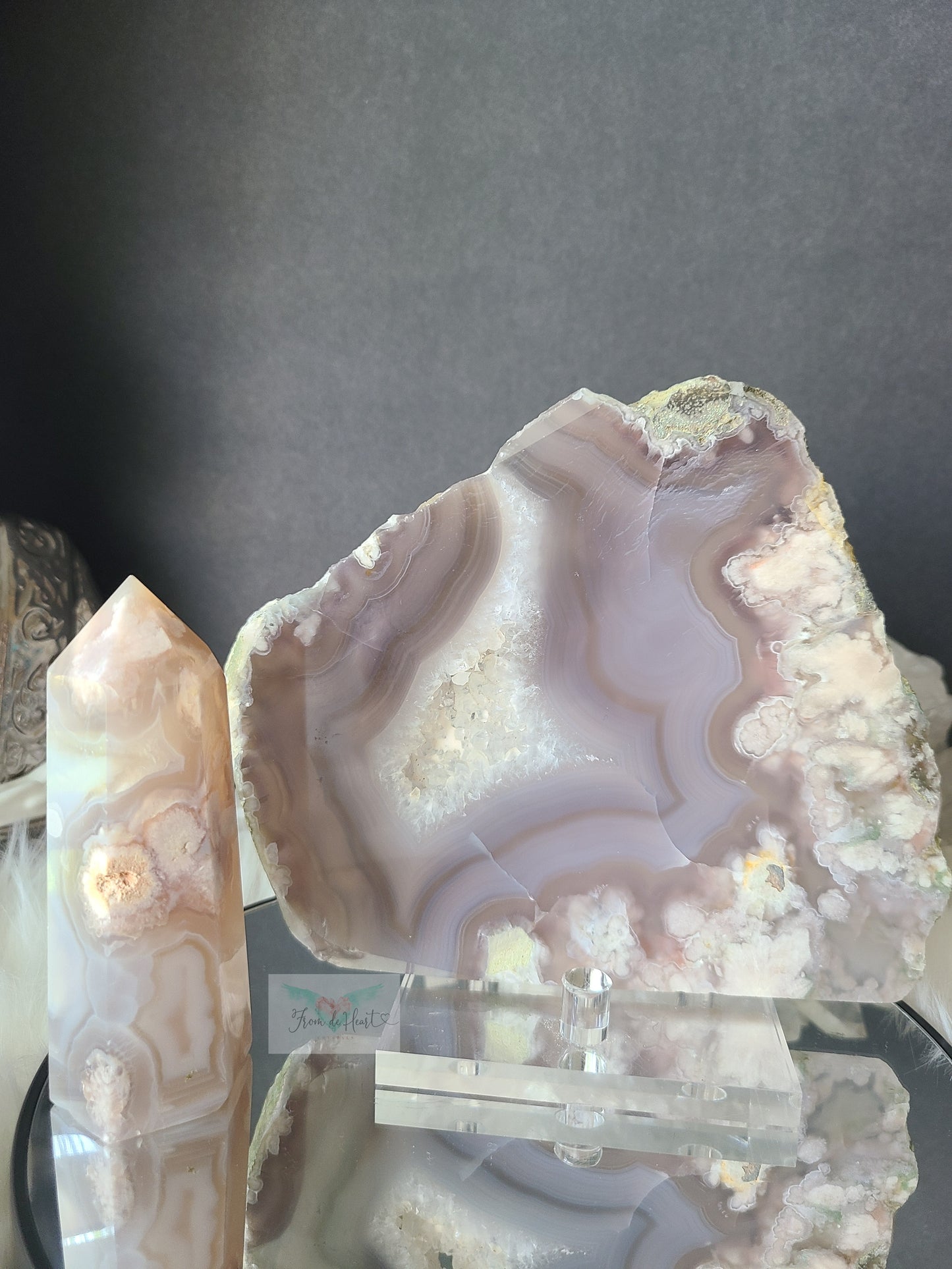 Black Flower Agate Slab and Banded Flower Agate Tower (Pair) (SALE)