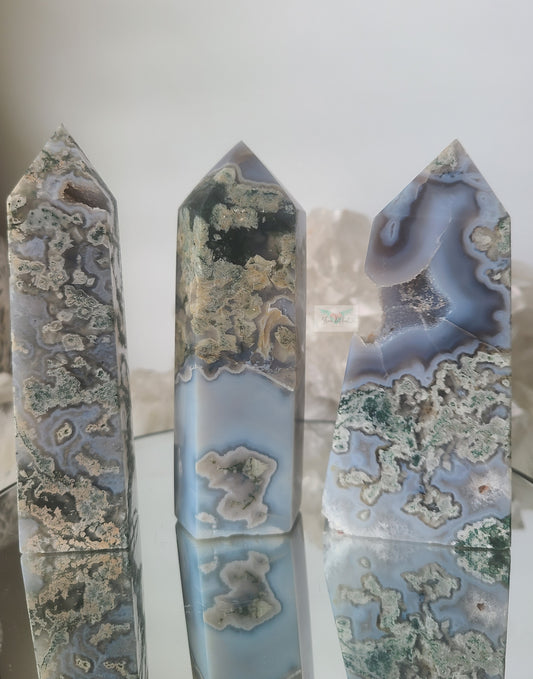 Blue Moss Agate, Quartz and Mica Tower