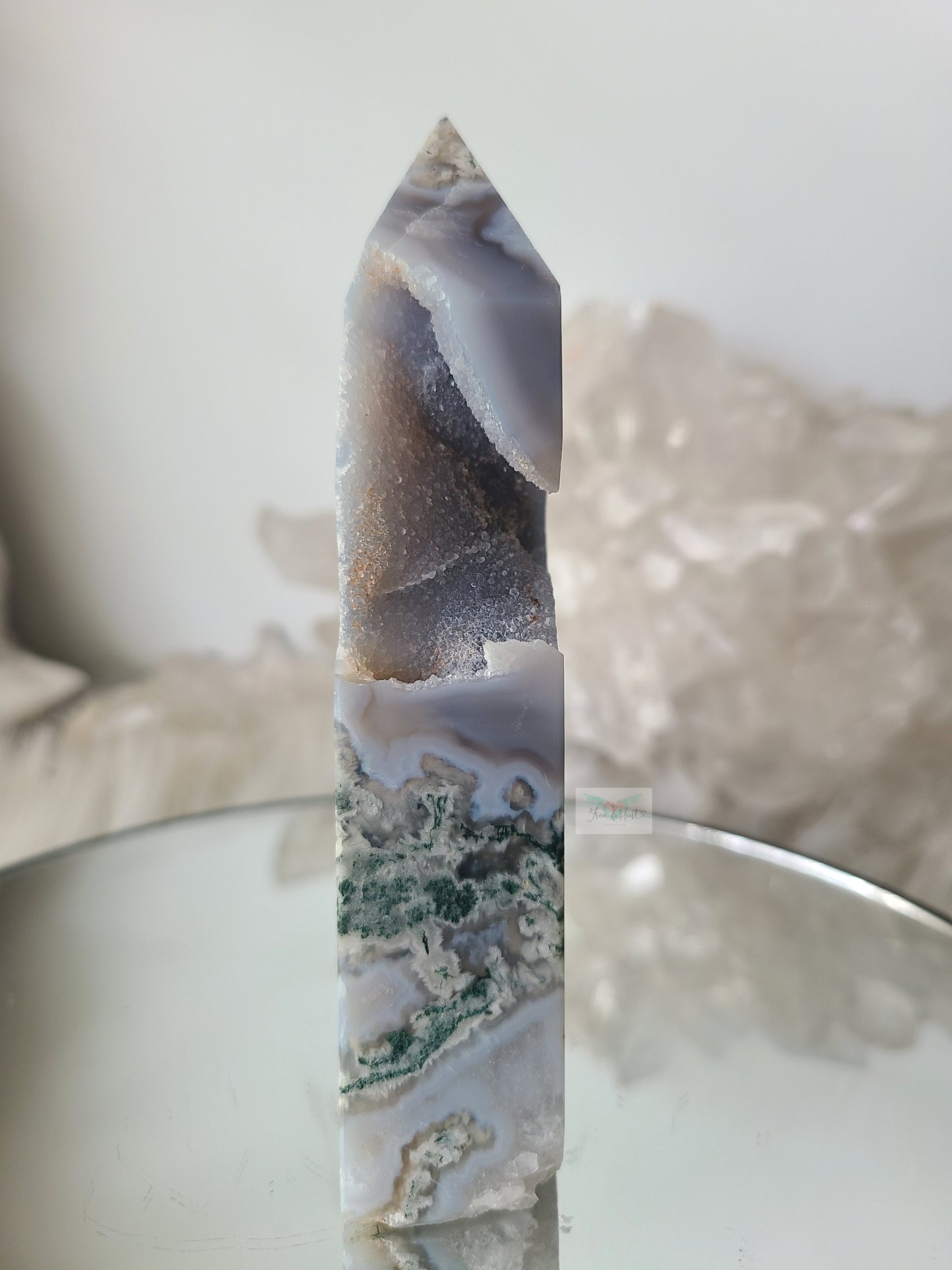 Blue Moss Agate, Quartz and Mica Tower