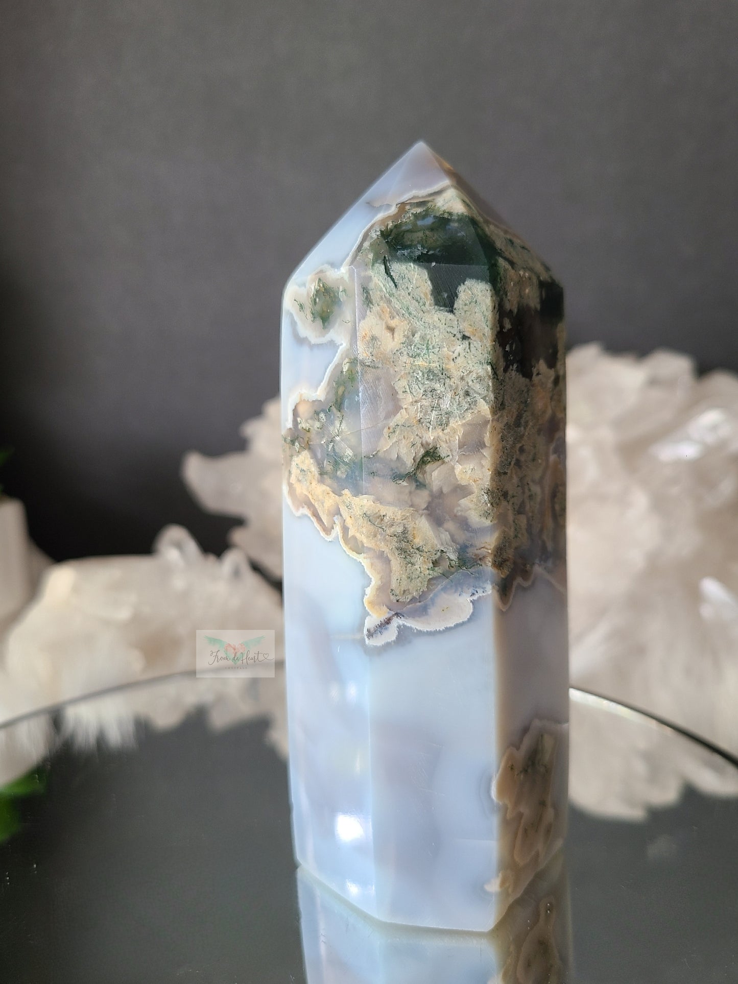 Blue Moss Agate, Quartz and Mica Tower