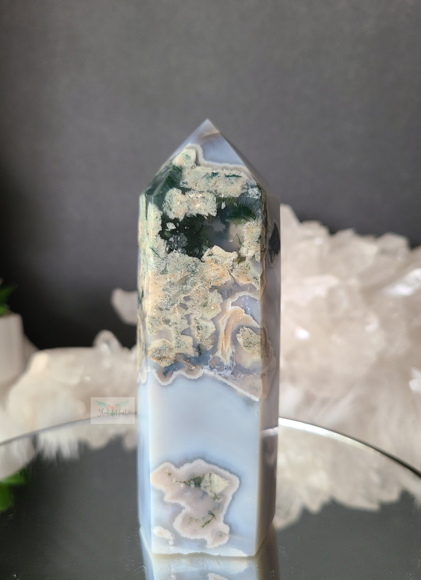 Blue Moss Agate, Quartz and Mica Tower