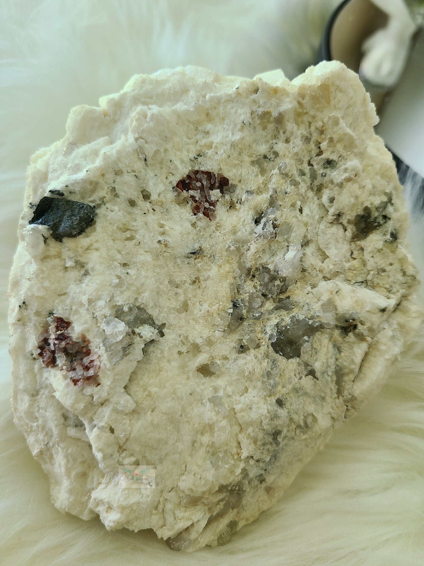 Red Garnet on Quartz, Aquamarine, and Black Tourmaline on Feldspar Specimen (Large)