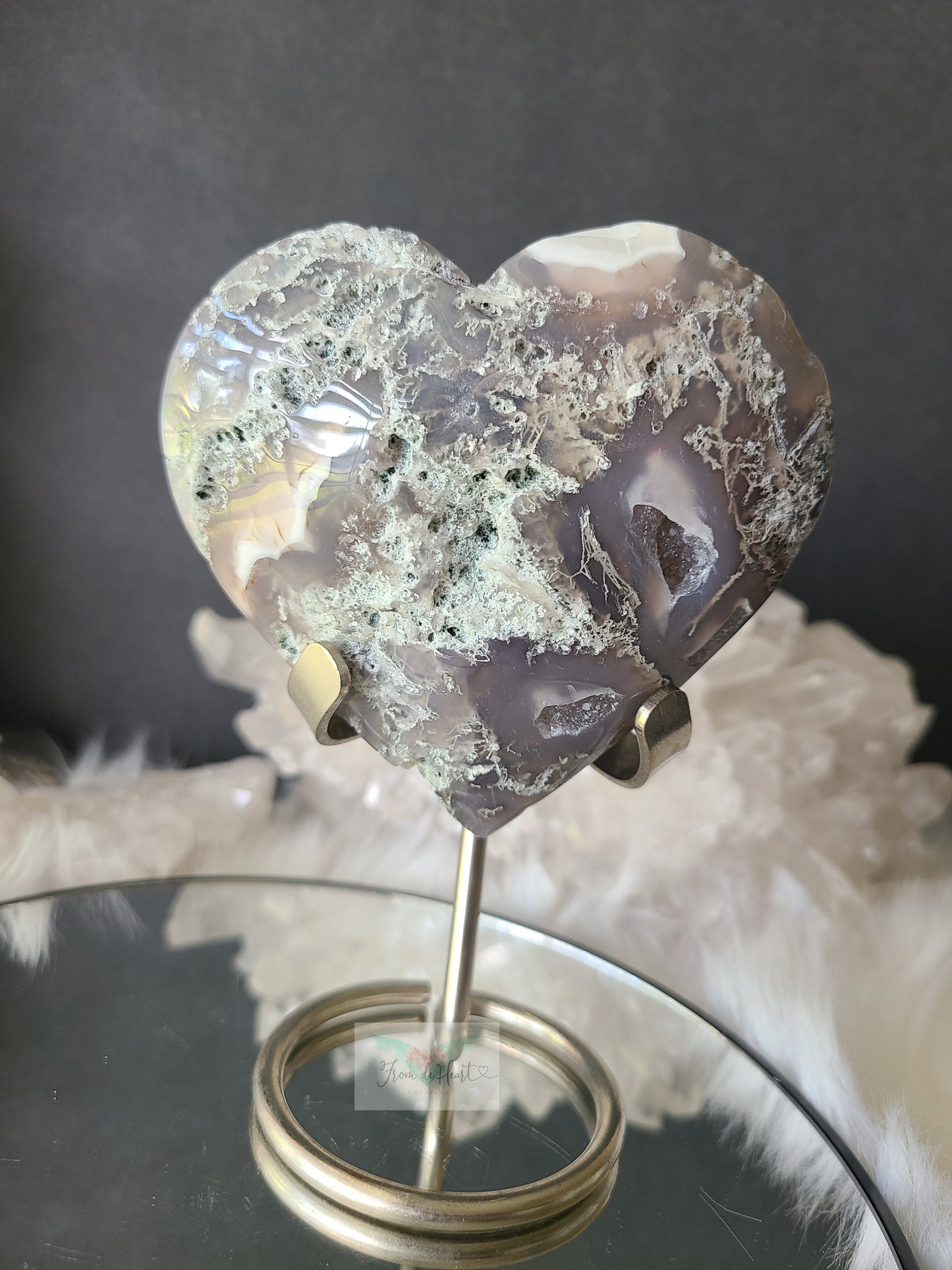 Moss Agate Heart on Stand