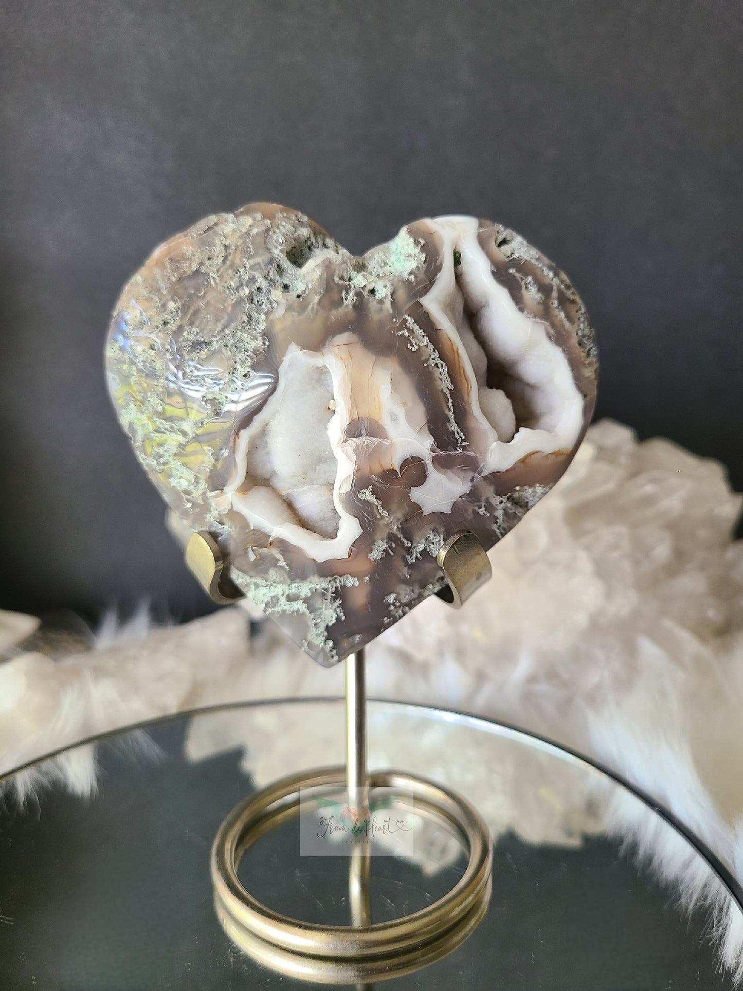 Moss Agate Heart on Stand