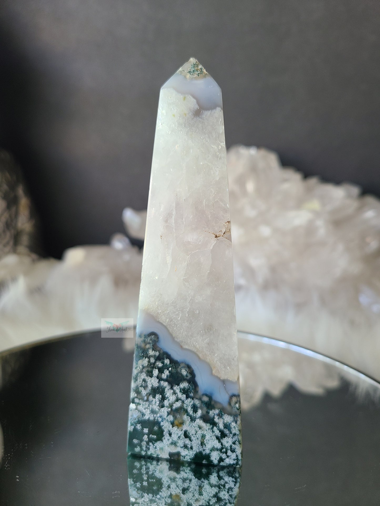 Flowery Moss Agate w/ Quartz Obelisk