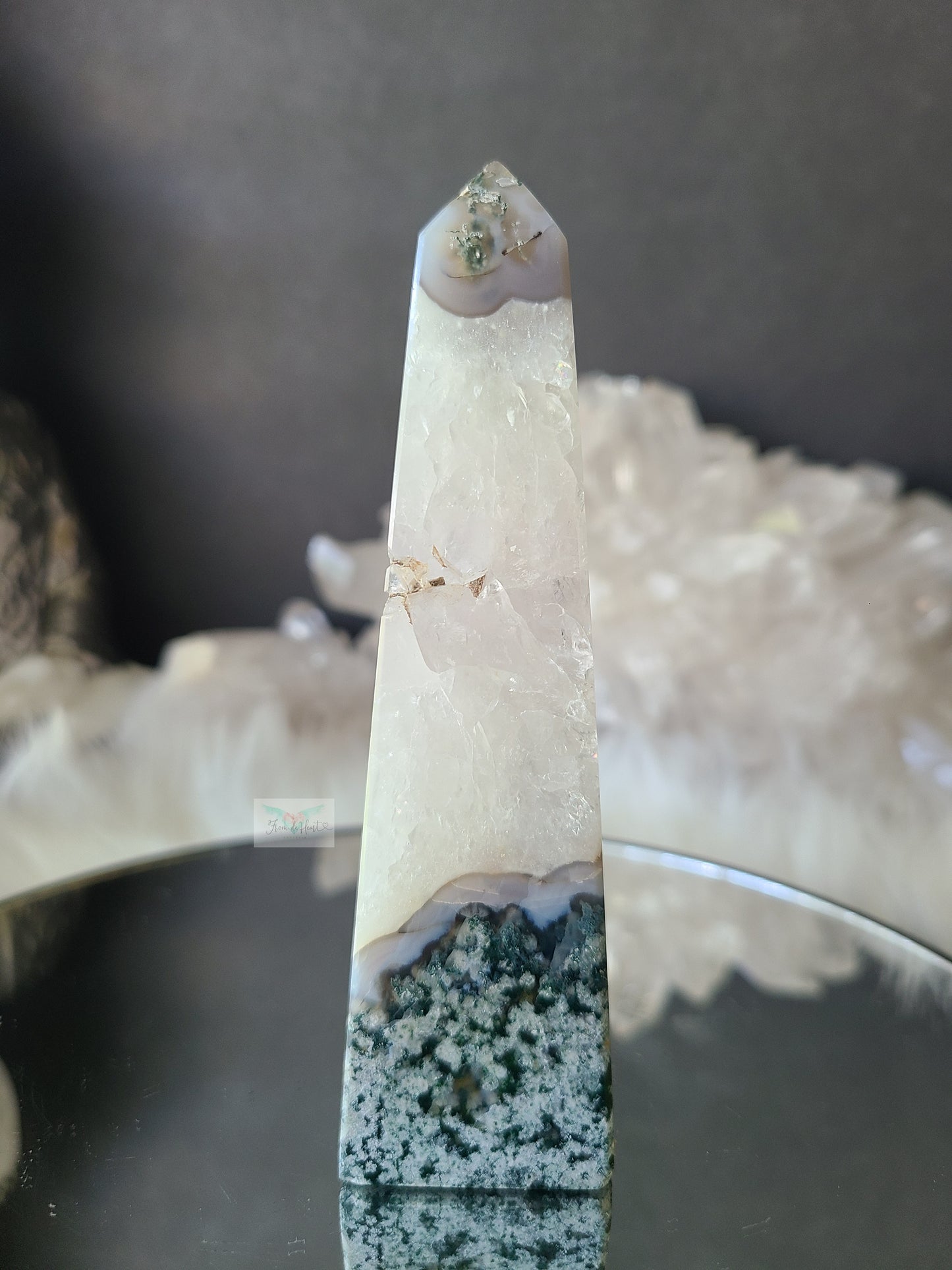 Flowery Moss Agate w/ Quartz Obelisk