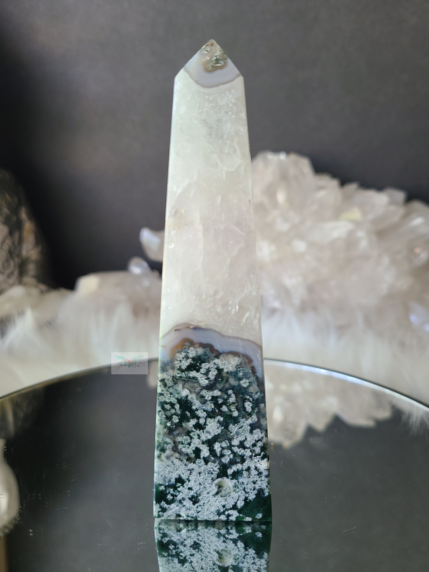 Flowery Moss Agate w/ Quartz Obelisk