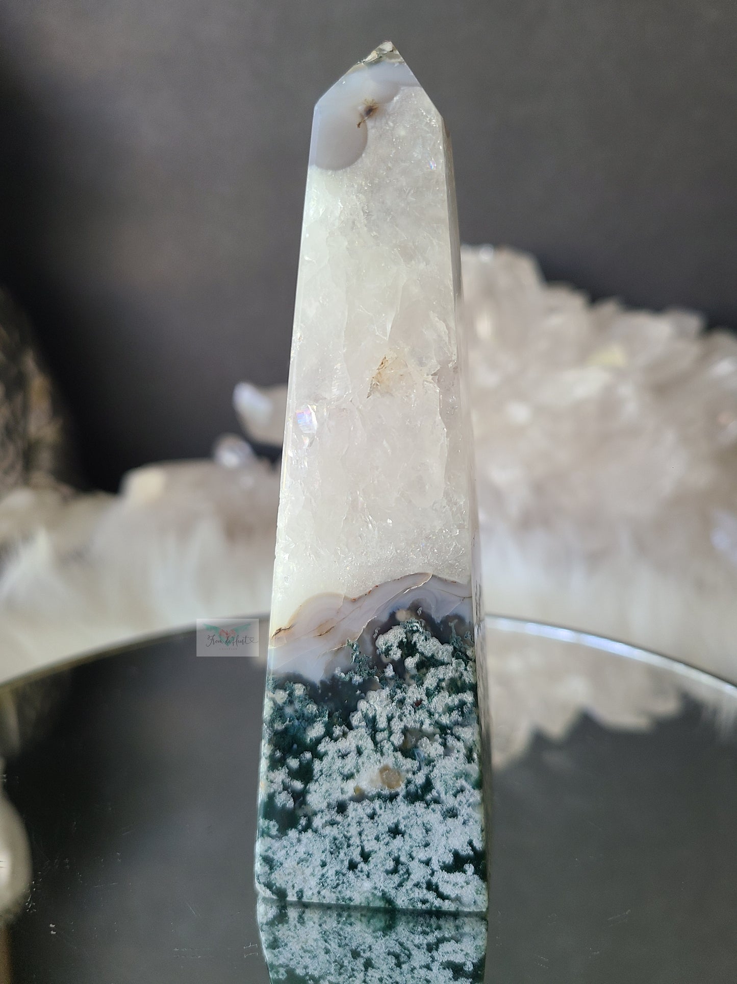 Flowery Moss Agate w/ Quartz Obelisk