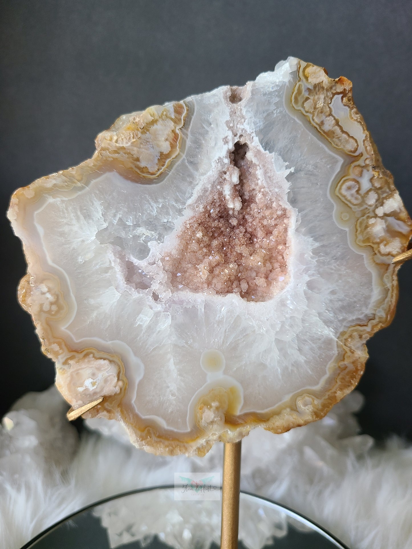 Sugar Druzy Golden Flower Agate Slab on Stand (RARE)