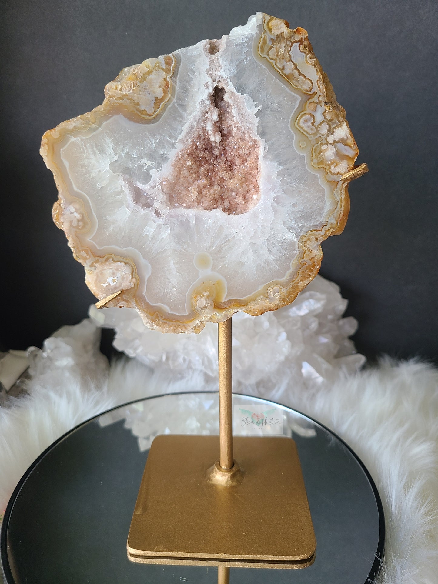 Sugar Druzy Golden Flower Agate Slab on Stand (RARE)