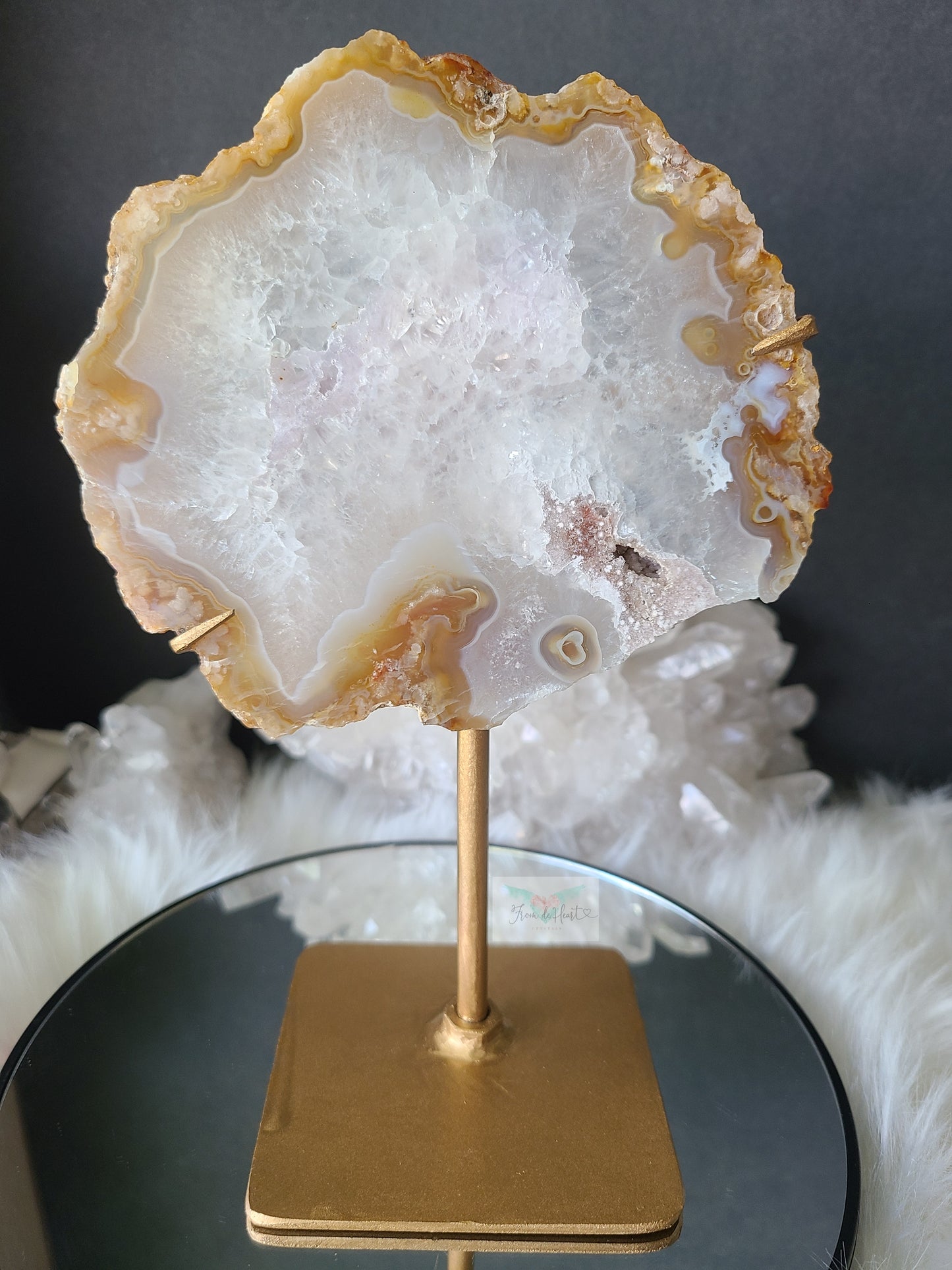 Sugar Druzy Golden Flower Agate Slab on Stand (RARE)