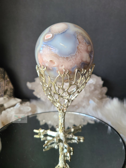 Baby Blue Flower Agate Sphere on Stand