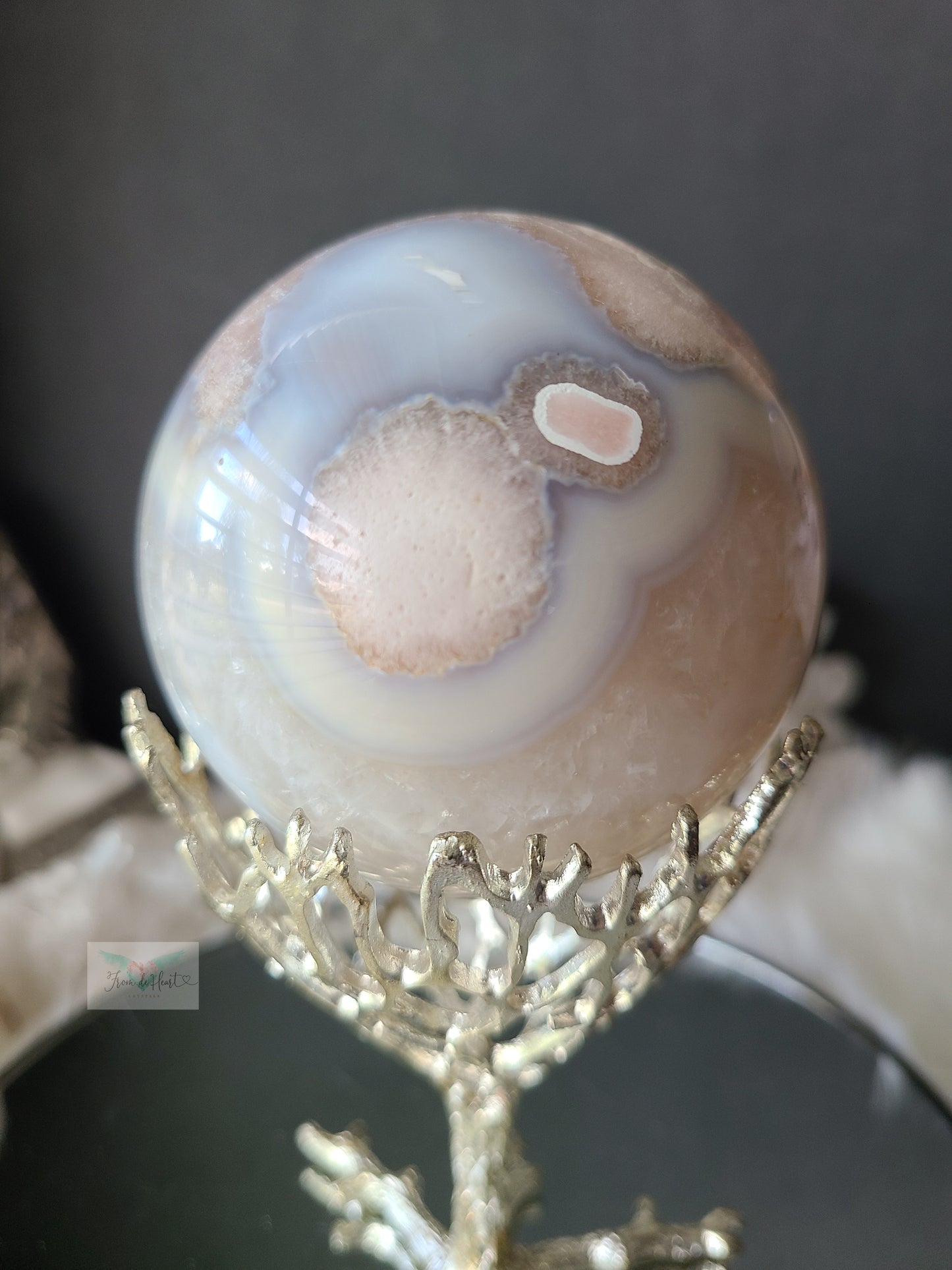 Baby Blue Flower Agate Sphere on Stand