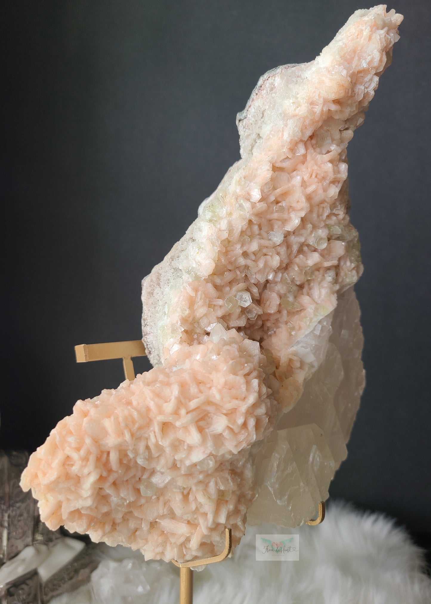 Peach Stilbite Cluster w/ Apophyllite and Calcite on Stand (RARE)