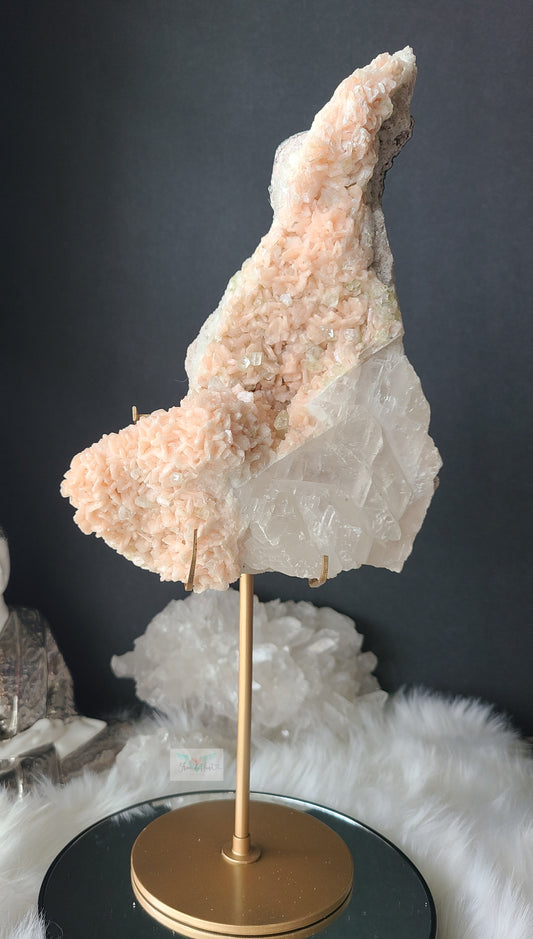 Peach Stilbite Cluster w/ Apophyllite and Calcite on Stand (RARE)