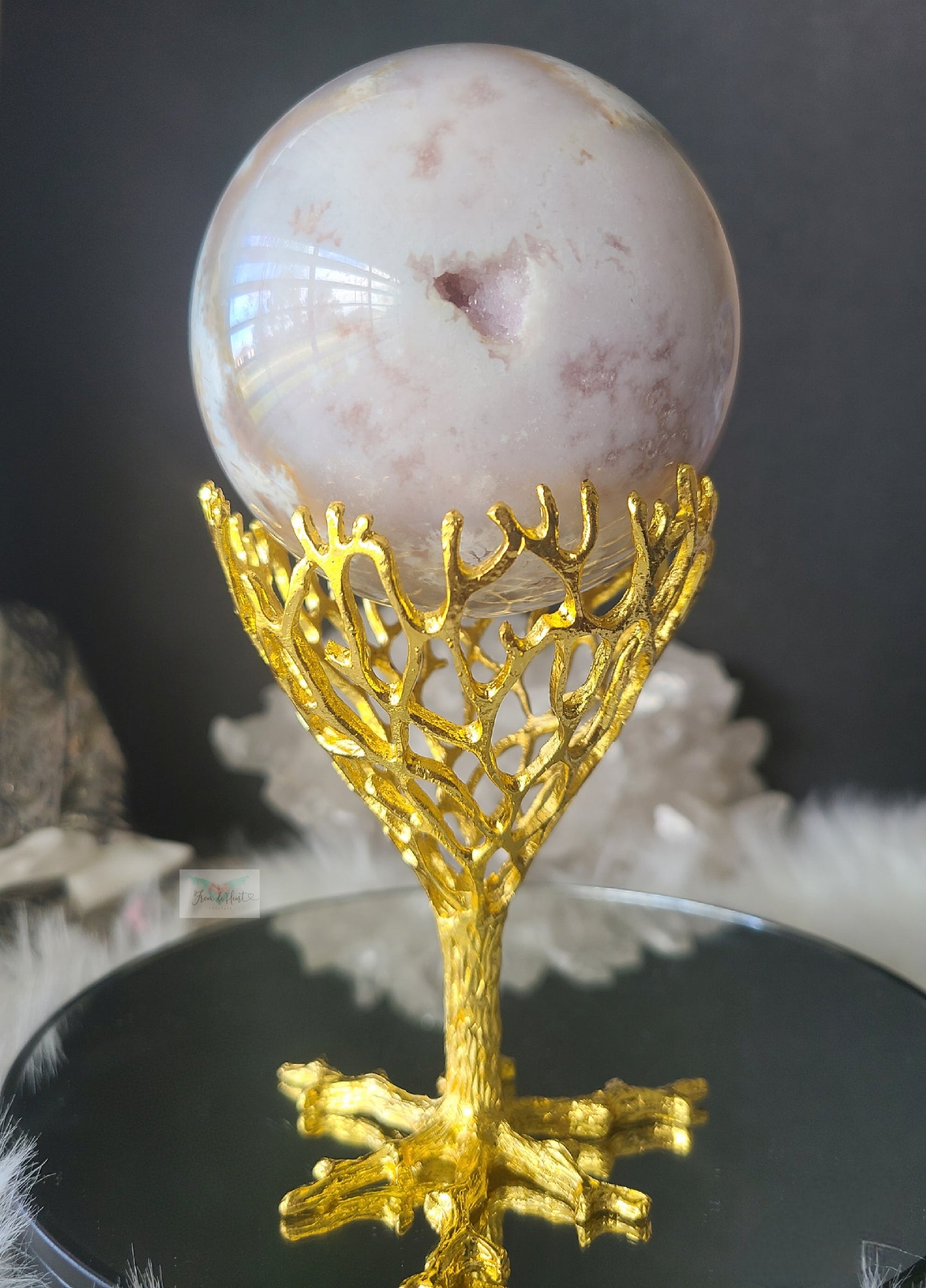 Flower Agate Pink Amethyst Sphere on Stand