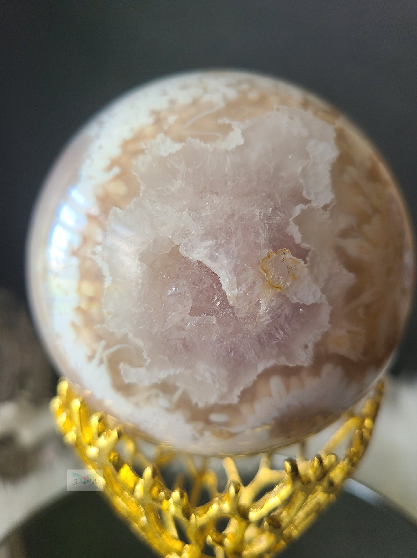 Flower Agate Pink Amethyst Sphere on Stand