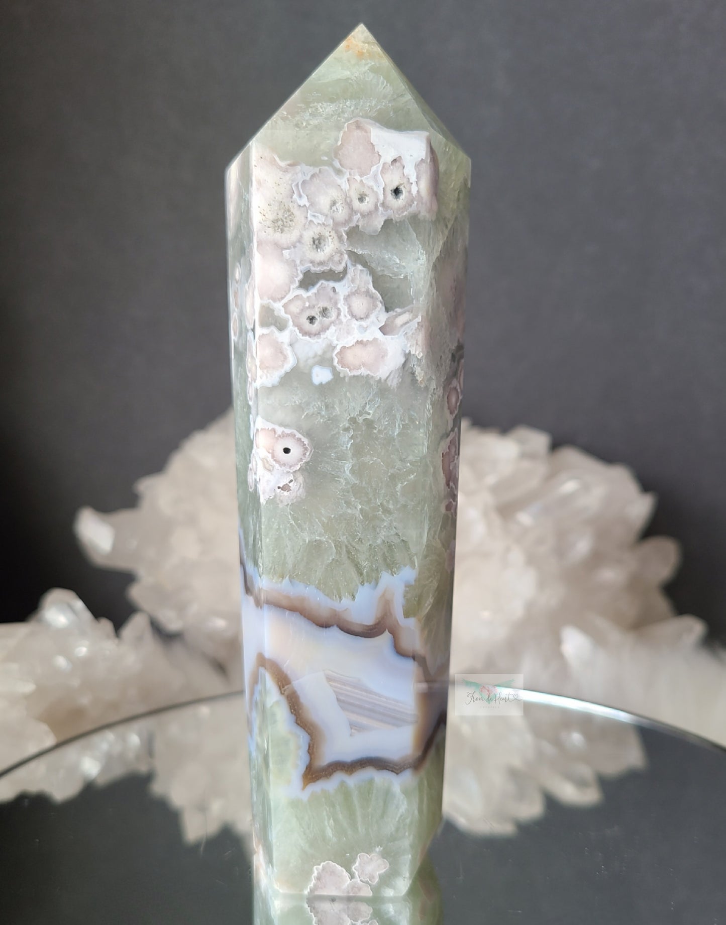 Large Chlorite Quartz Flower Agate Tower (Rare Find)