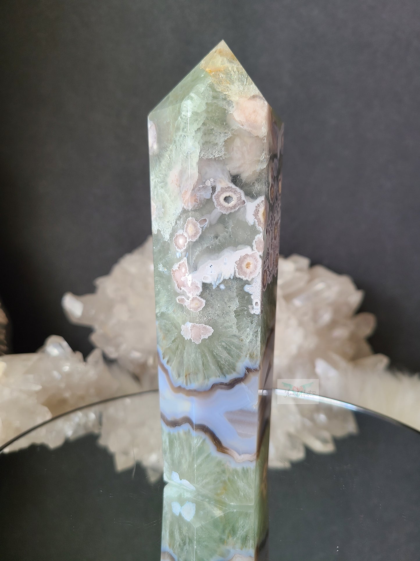 Large Chlorite Quartz Flower Agate Tower (Rare Find)