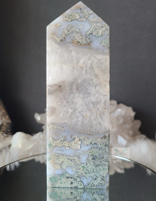 Baby Blue Moss Agate w/ Rainbow Calcite and Dendrite Tower (Large)