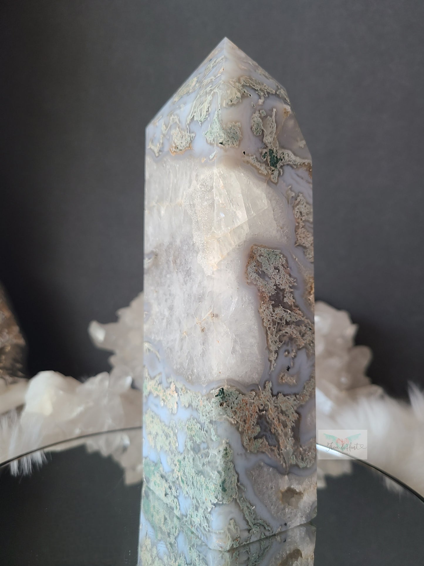 Baby Blue Moss Agate w/ Rainbow Calcite and Dendrite Tower (Large)