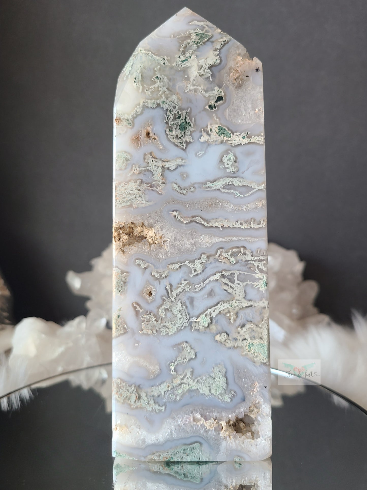 Baby Blue Moss Agate w/ Rainbow Calcite and Dendrite Tower (Large)