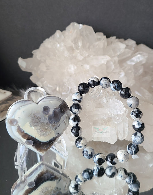 Black Flower Agate Heart and Orca Agate Bracelet (Pair)