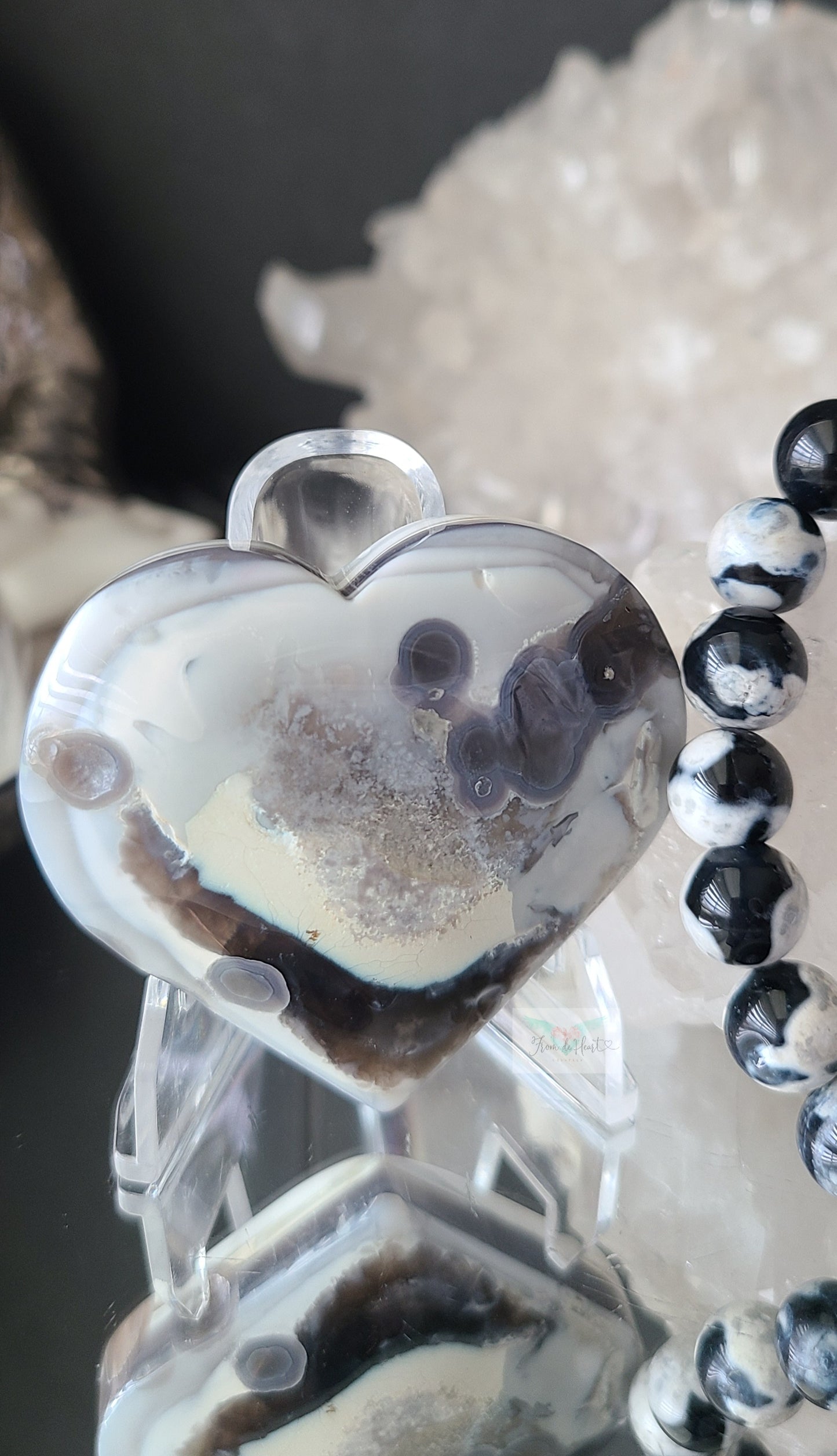 Black Flower Agate Heart and Orca Agate Bracelet (Pair)