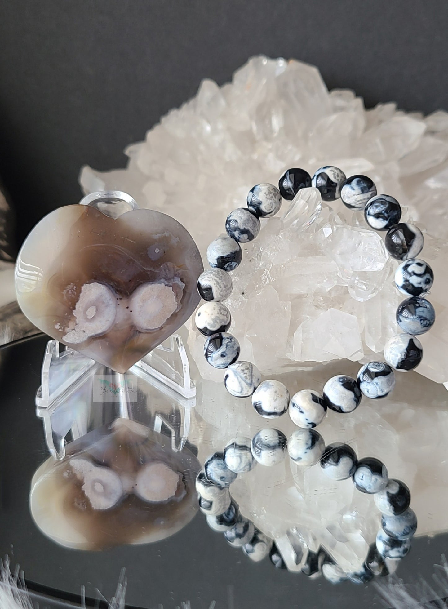 Black Flower Agate Heart and Orca Agate Bracelet (Pair)