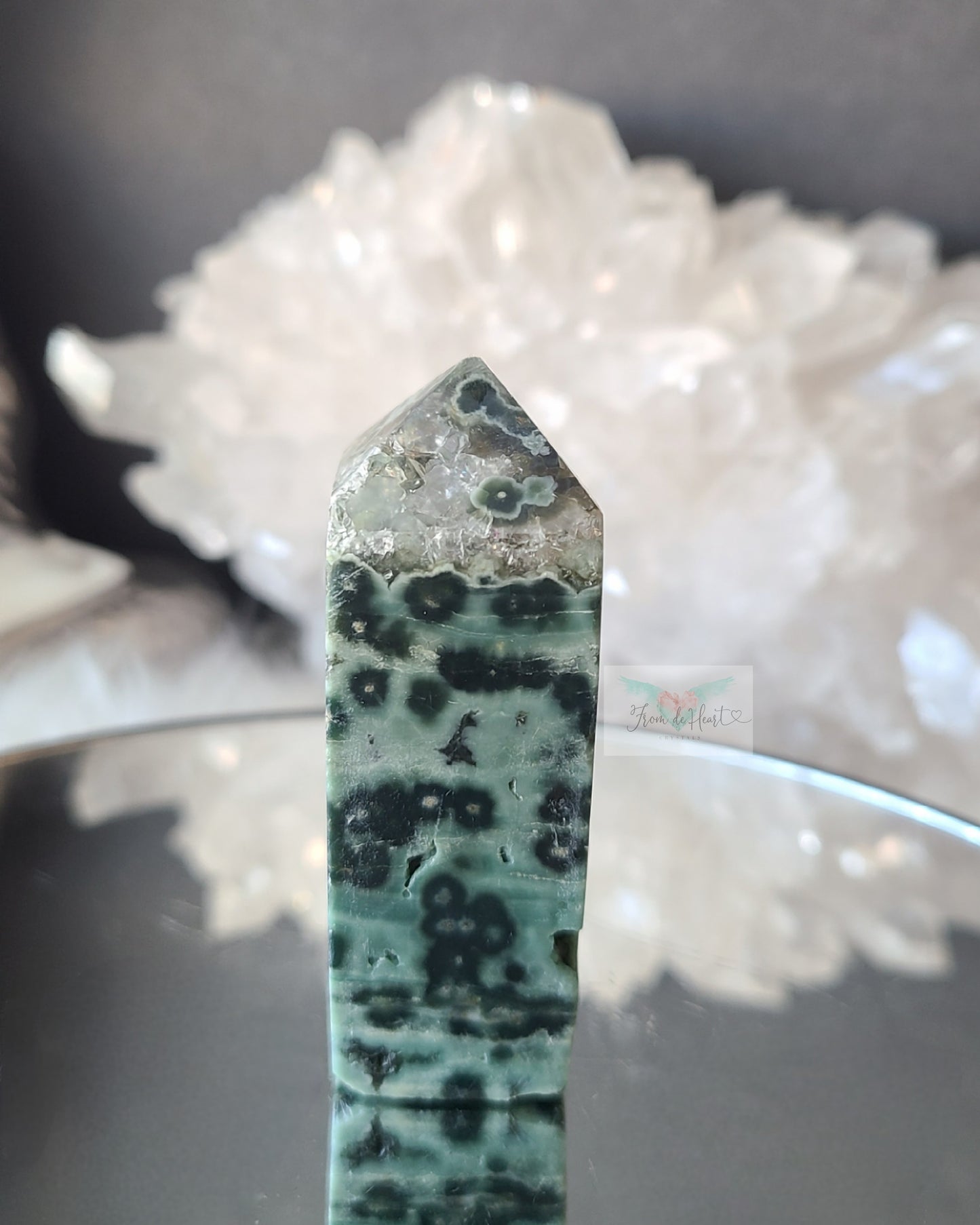 Green Flower Ocean Jasper Tower w/ Quartz