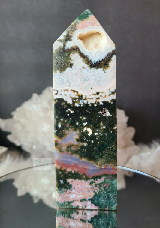 Pink and Green Ocean Jasper Tower with Snow White Druzy (RARE)