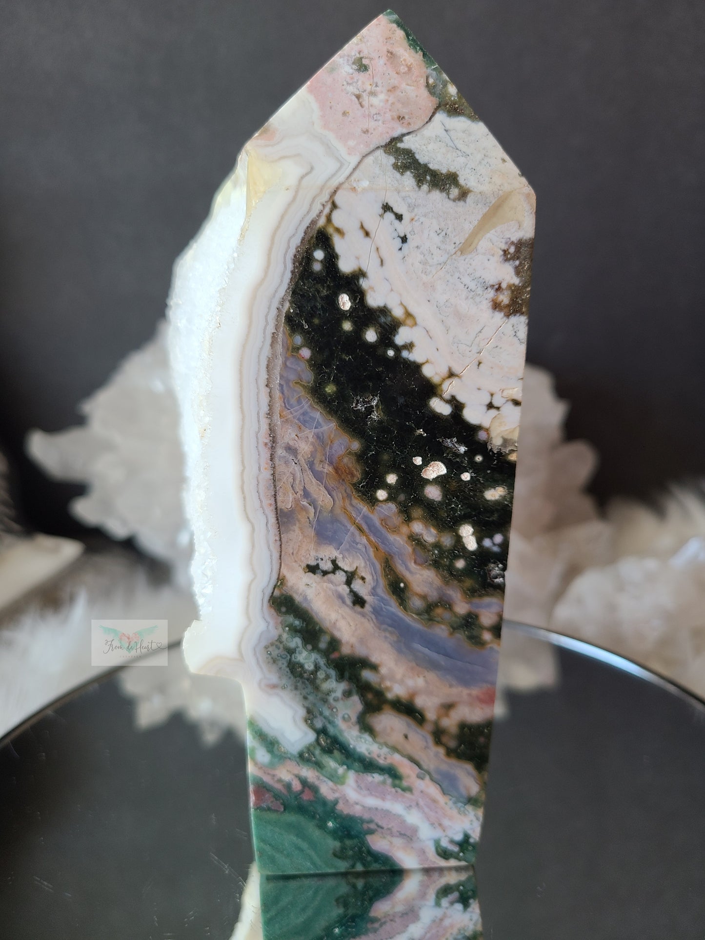 Pink and Green Ocean Jasper Tower with Snow White Druzy (RARE)