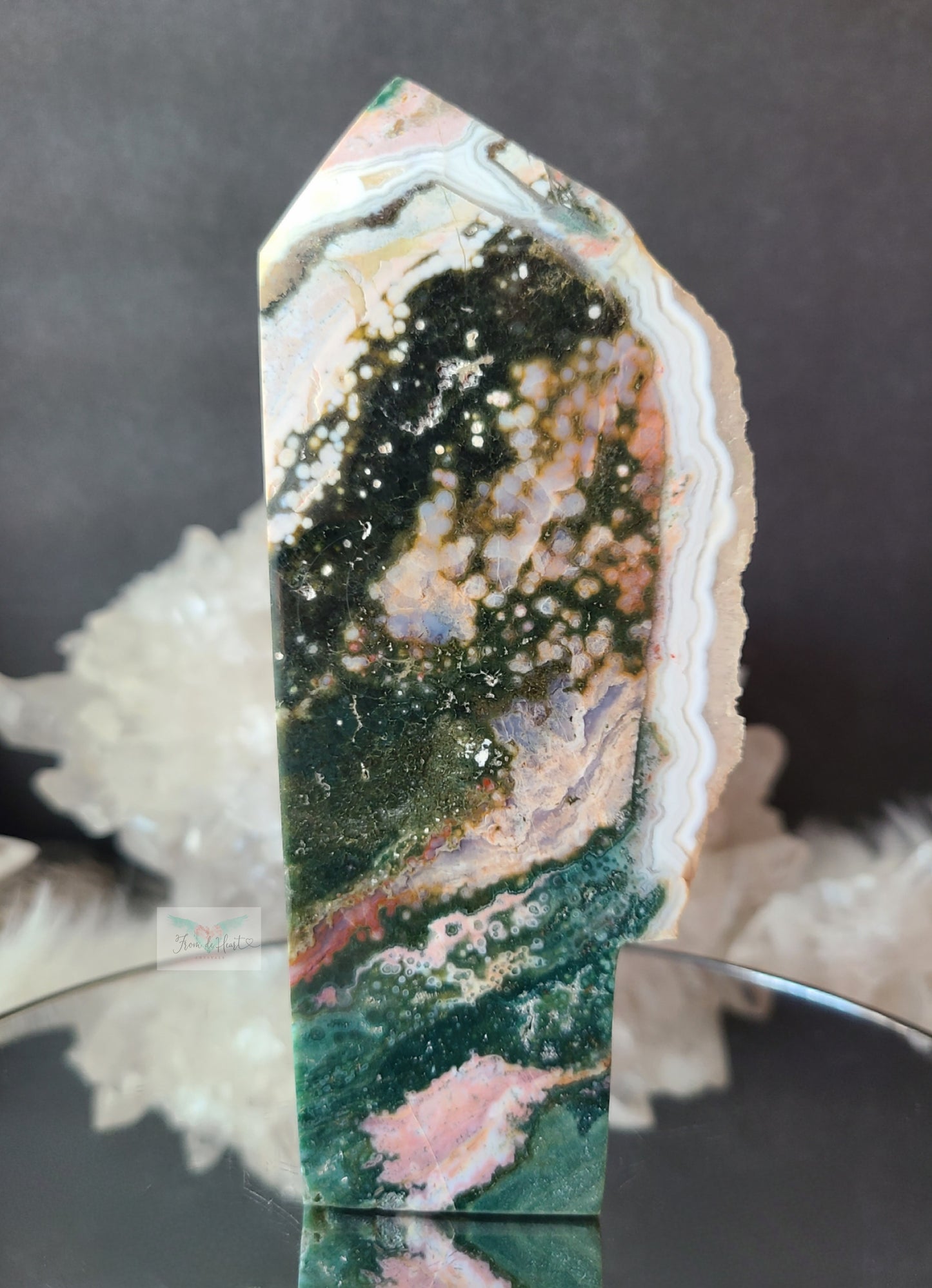 Pink and Green Ocean Jasper Tower with Snow White Druzy (RARE)