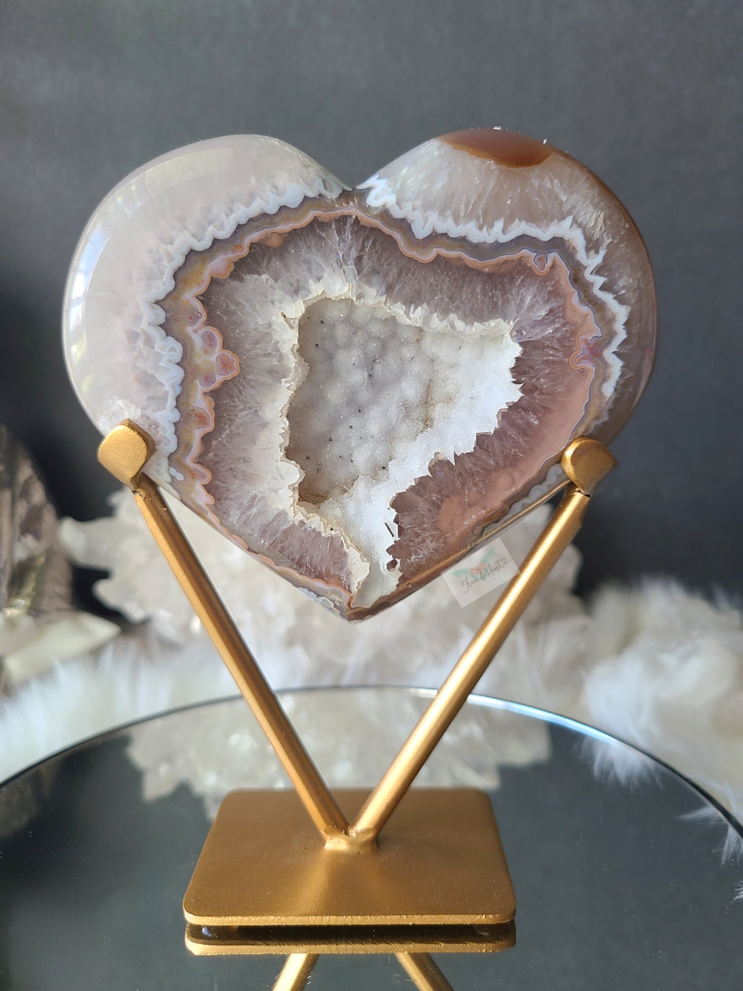 Agate Heart with Sugar Druzy on Stand