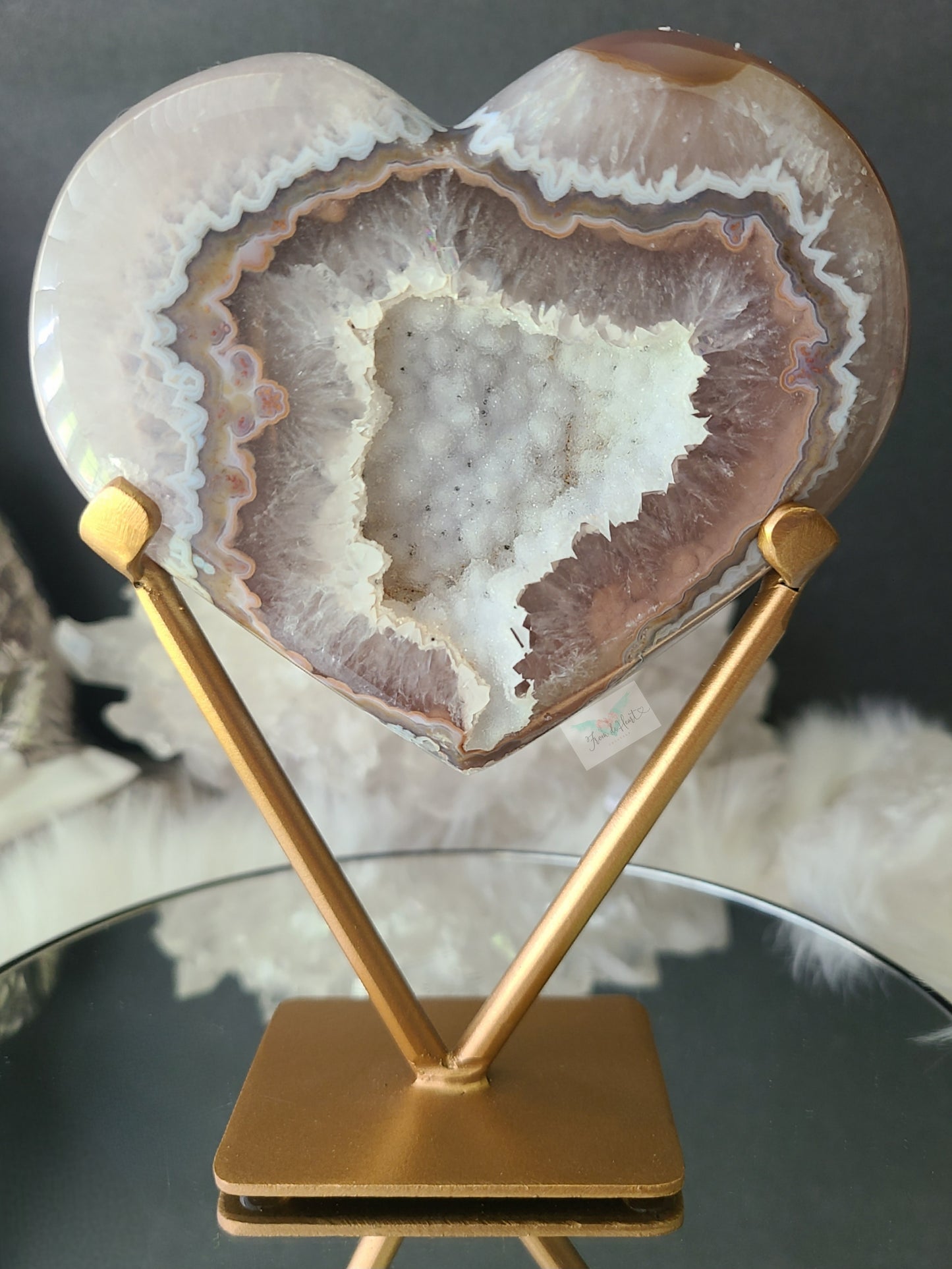 Agate Heart with Sugar Druzy on Stand