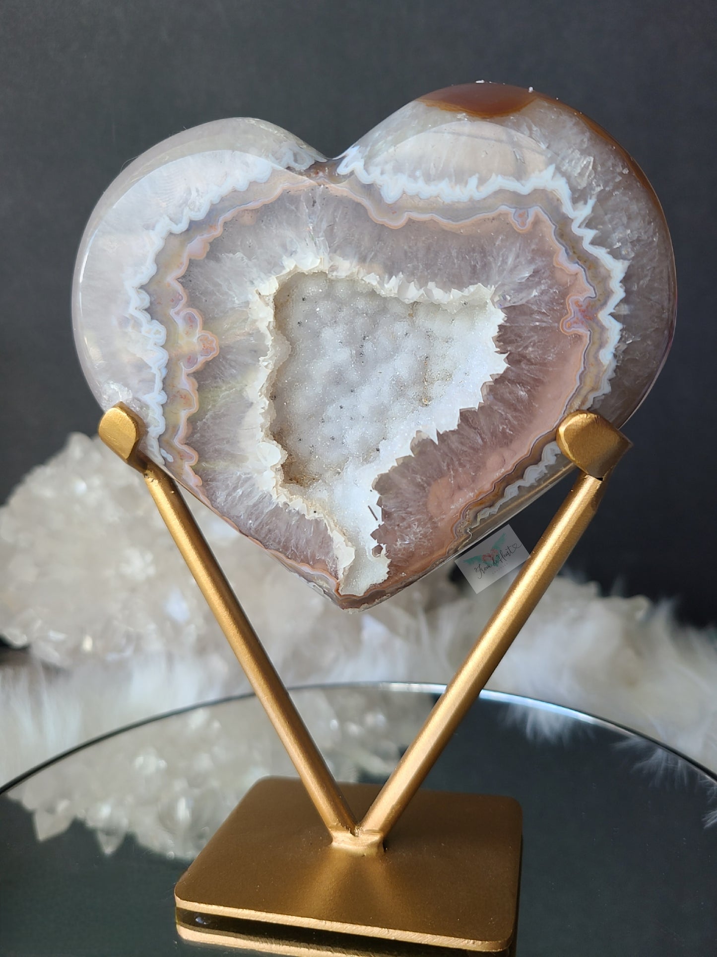 Agate Heart with Sugar Druzy on Stand