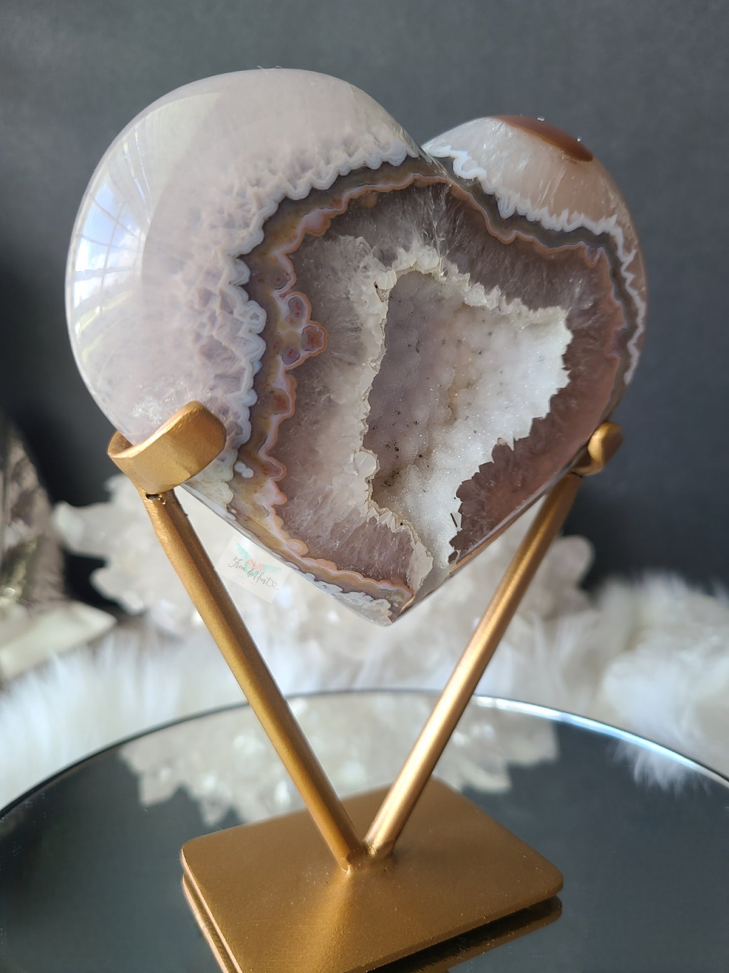 Agate Heart with Sugar Druzy on Stand